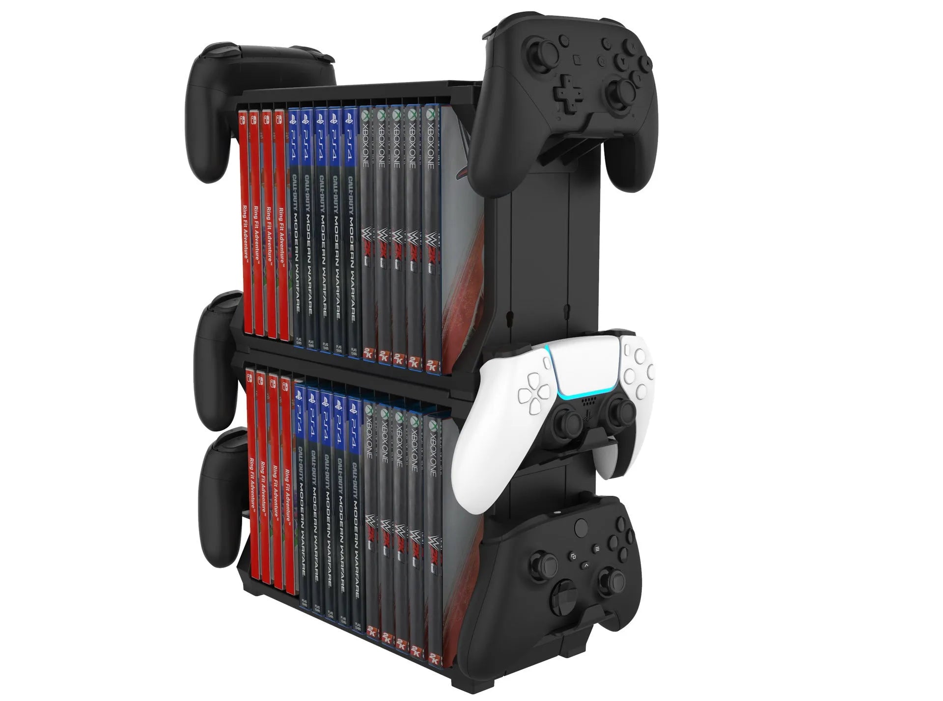 Black PS5 and Xbox Series X disc holder with integrated controller stand organising game cartridges