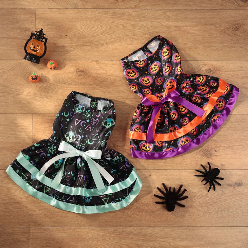 Halloween dog skirt with colourful pumpkin or skull print in polyester fabric