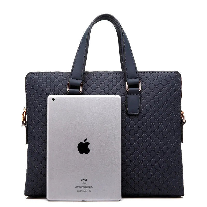 Genuine leather men's business handbag 14 inch computer bag in black with embossed geometric pattern