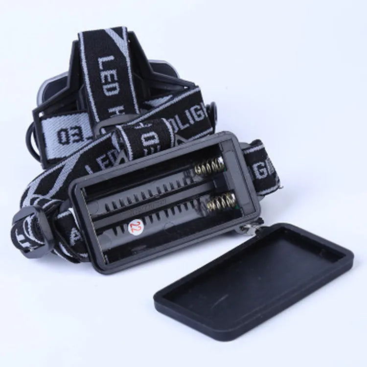 Black head-mounted LED camping torch with adjustable strap and long-range beam shown in outdoor setting.