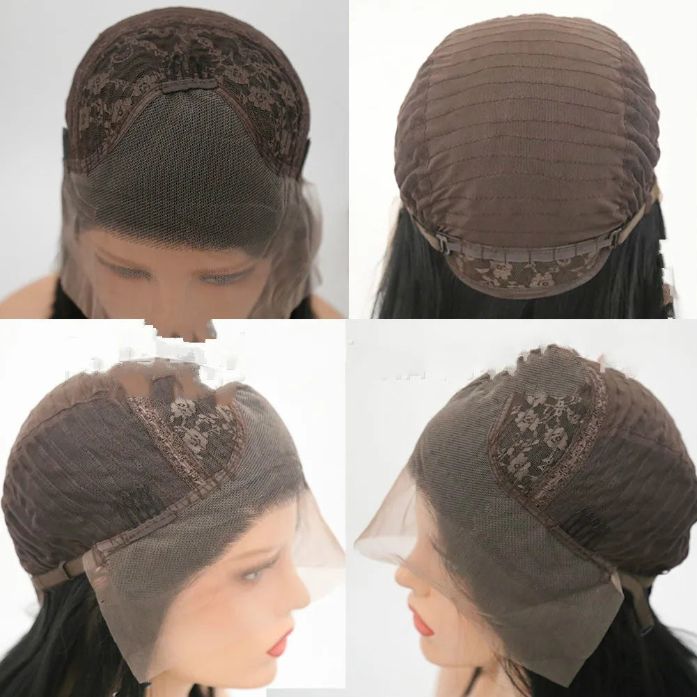 Front lace big wave wig in black with high temperature silk, half-hand knitting, middle part, 14-26 inch lengths, S M L cap sizes