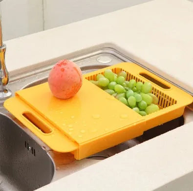 3-in-1 multi-purpose cutting board with colander and storage trough in blue, PP and TPE material, non-slip base, ergonomic handles, 36.5x25x4 cm