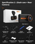 ThiEYE front and rear dash cam with 3-inch screen, suction cup mount, rear camera, and installation cables