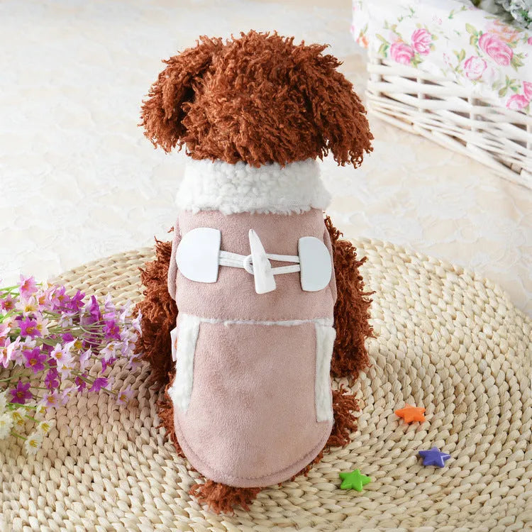 Brown lamb velvet teddy dog costume on small breed dog, front view showing pullover style and soft pile texture