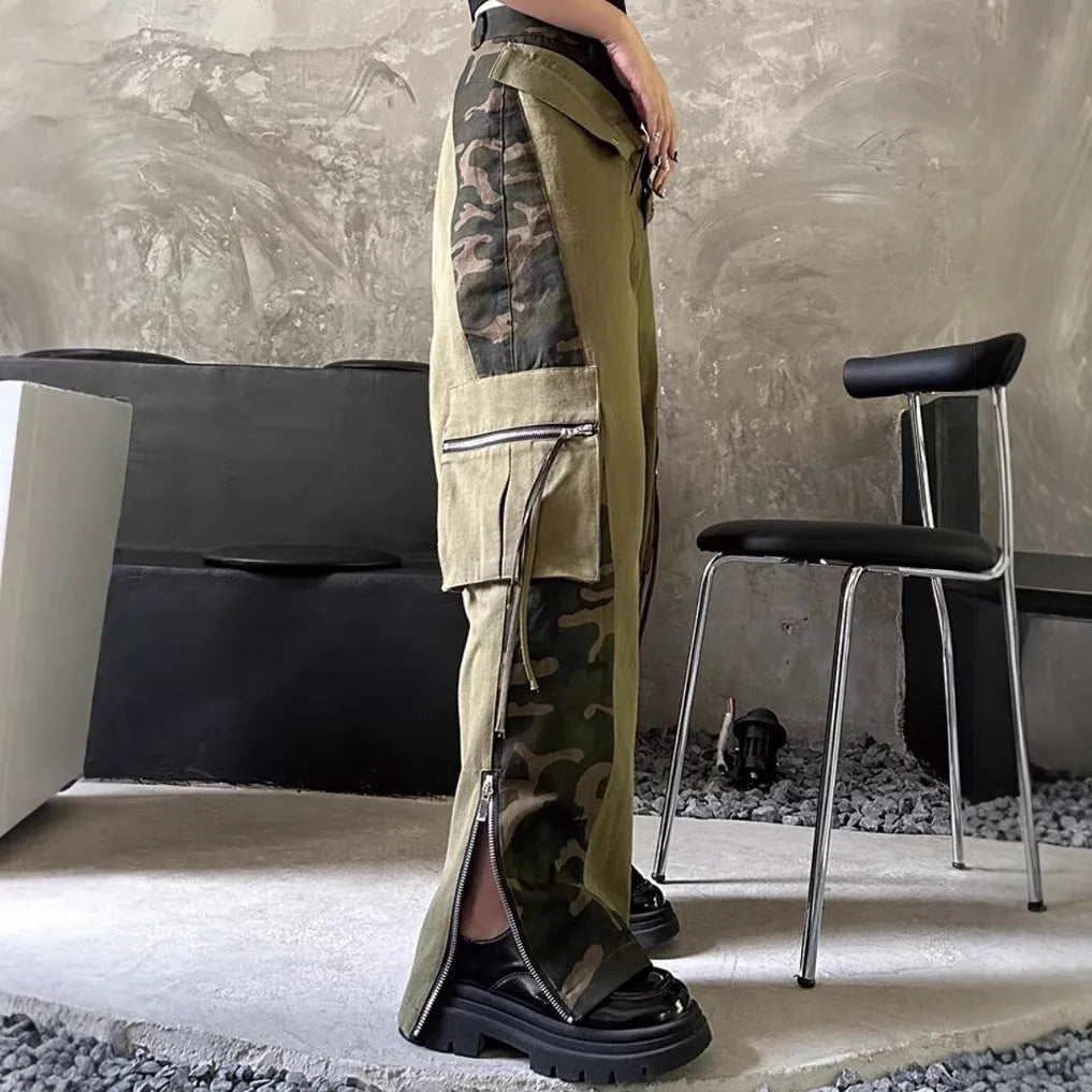 Women's high-waisted dark khaki jeans with leopard print and fake contrast stitching in a straight-leg style.