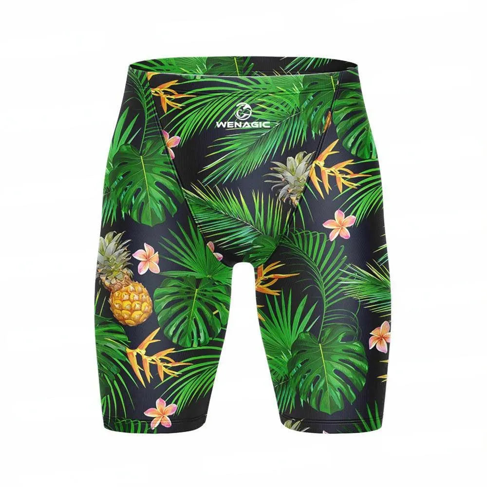 Men's swimming pants in briefs style with polyester and Lycra fabric, shown in multiple colour options