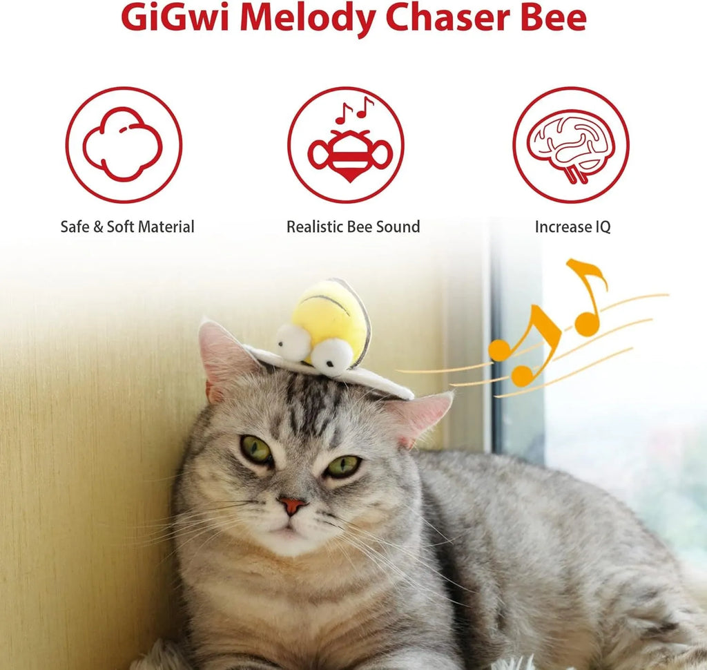 Yellow flannelette electronic bee-shaped cat toy that chirps when moved.