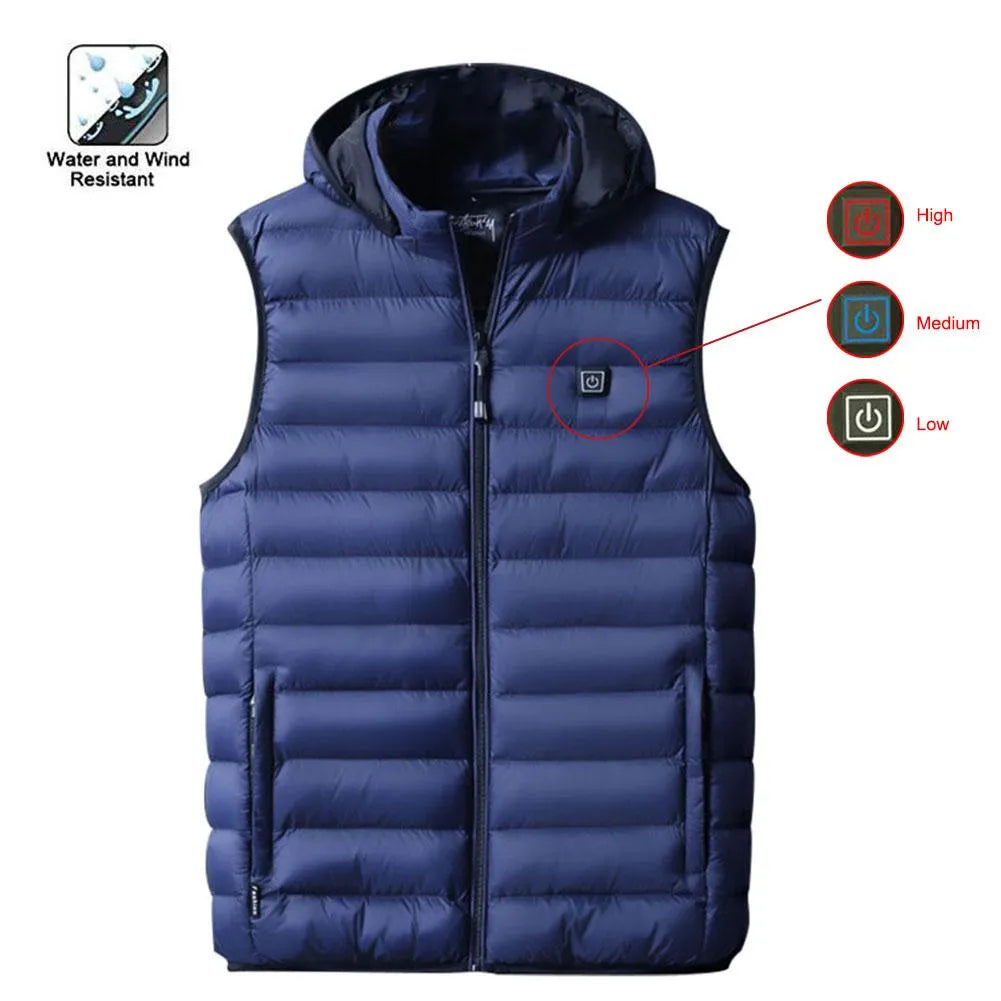 Heated cotton vest in black with USB power cable for outdoor winter use