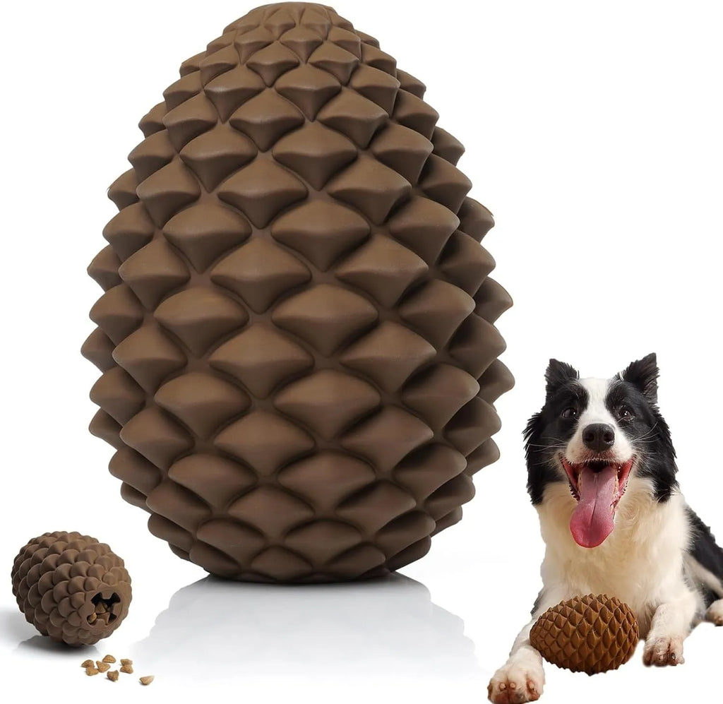 Yellow natural rubber pine cone shaped dog toy with treat dispenser hole