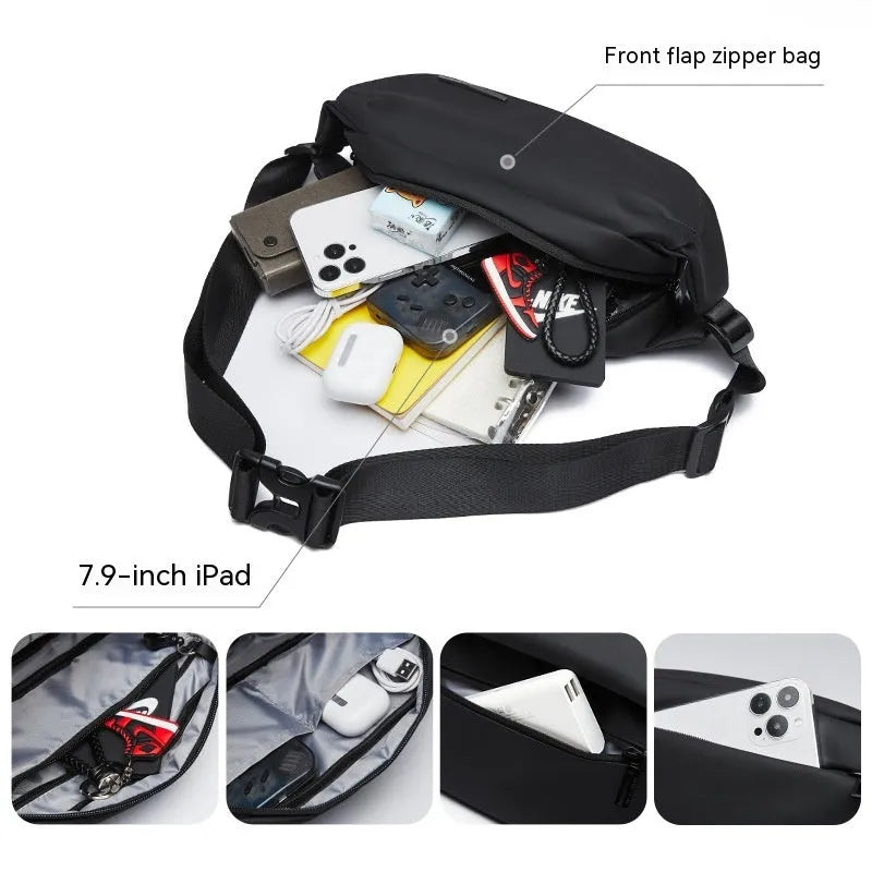 Black men's Oxford cloth messenger bag with cross-body strap showing sewing thread detailing