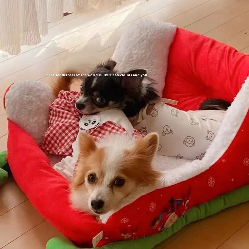 Red and cream Christmas cat nest cave bed with soft cloth fabric in 63x45x33cm size