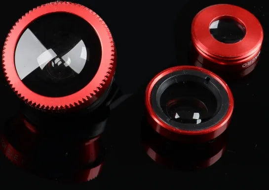 Three-in-one smartphone camera lens kit showing fisheye, wide-angle, and macro attachments in multiple colour options