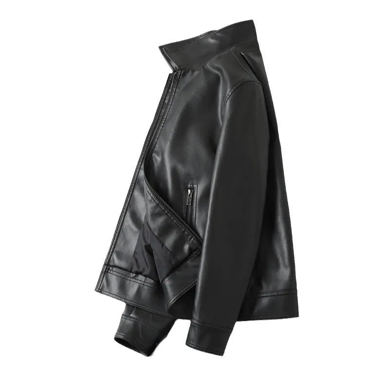 Black men's loose-fit PU leather jacket with zipper and polyester lining.