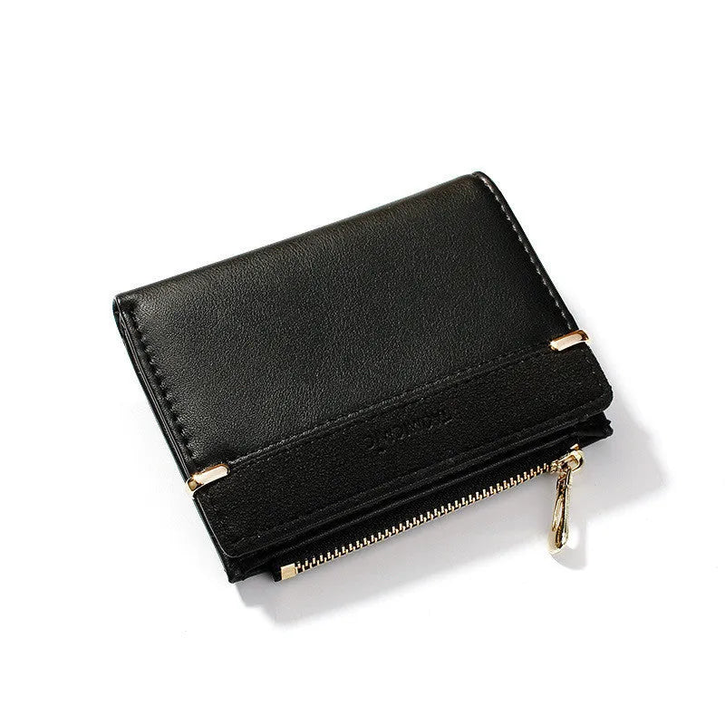 Ladies short zipper wallet in PU leather, open to show multiple card slots, bill holder, change slot, and hidden compartment.