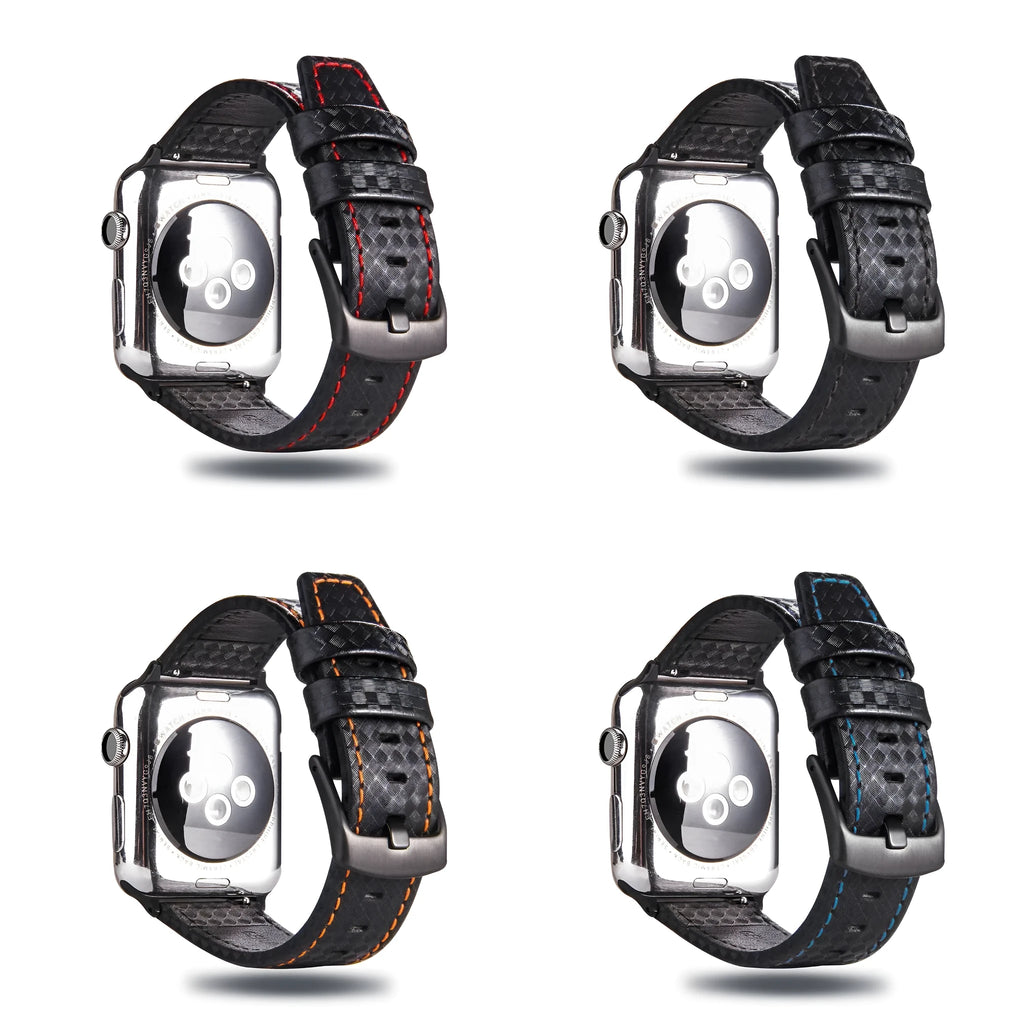 Carbon fibre pattern leather Apple Watch strap case in black, blue, orange, and red colour options.