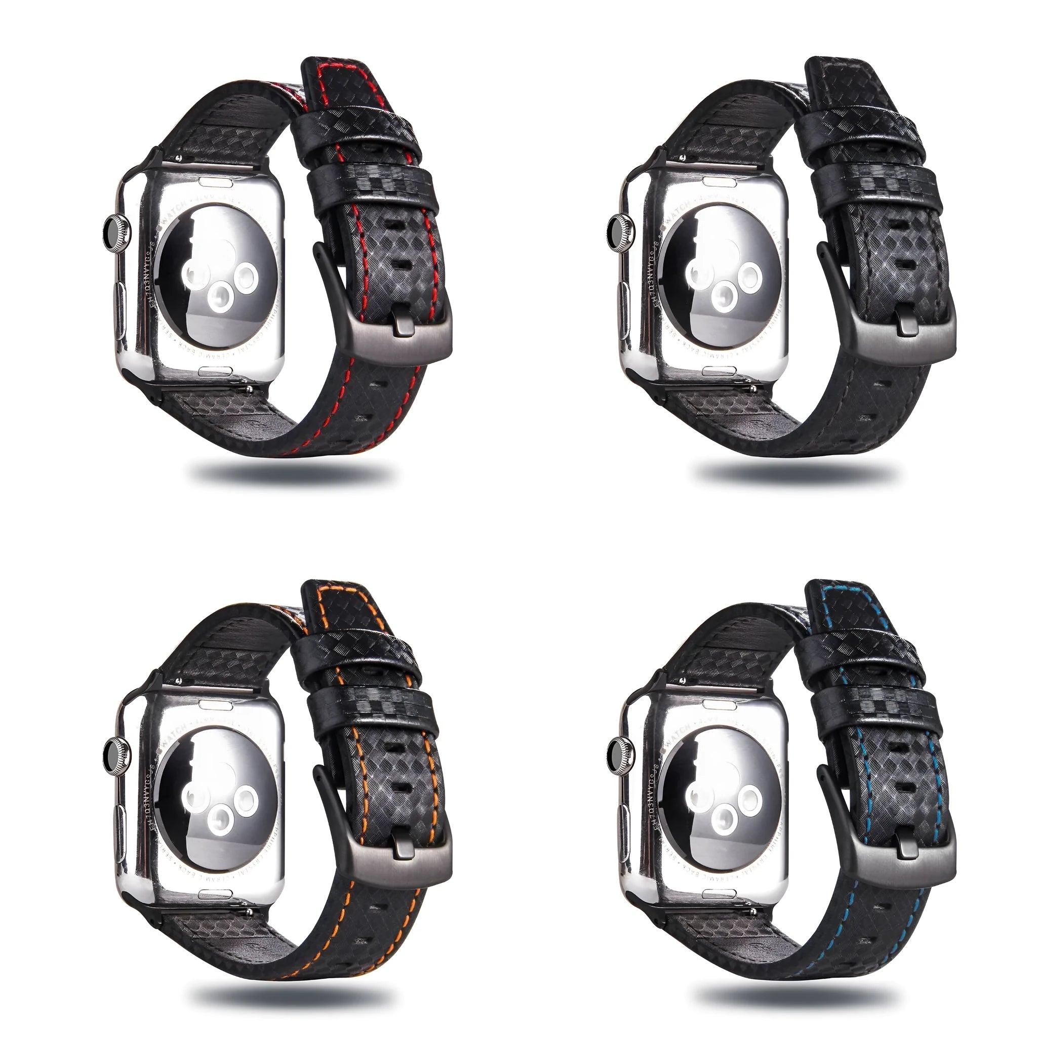 Carbon fibre pattern leather Apple Watch strap case in black, blue, orange, and red colour options.