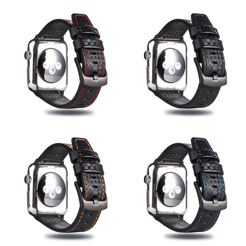 Carbon fibre pattern leather Apple Watch strap case in black, blue, orange, and red colour options.