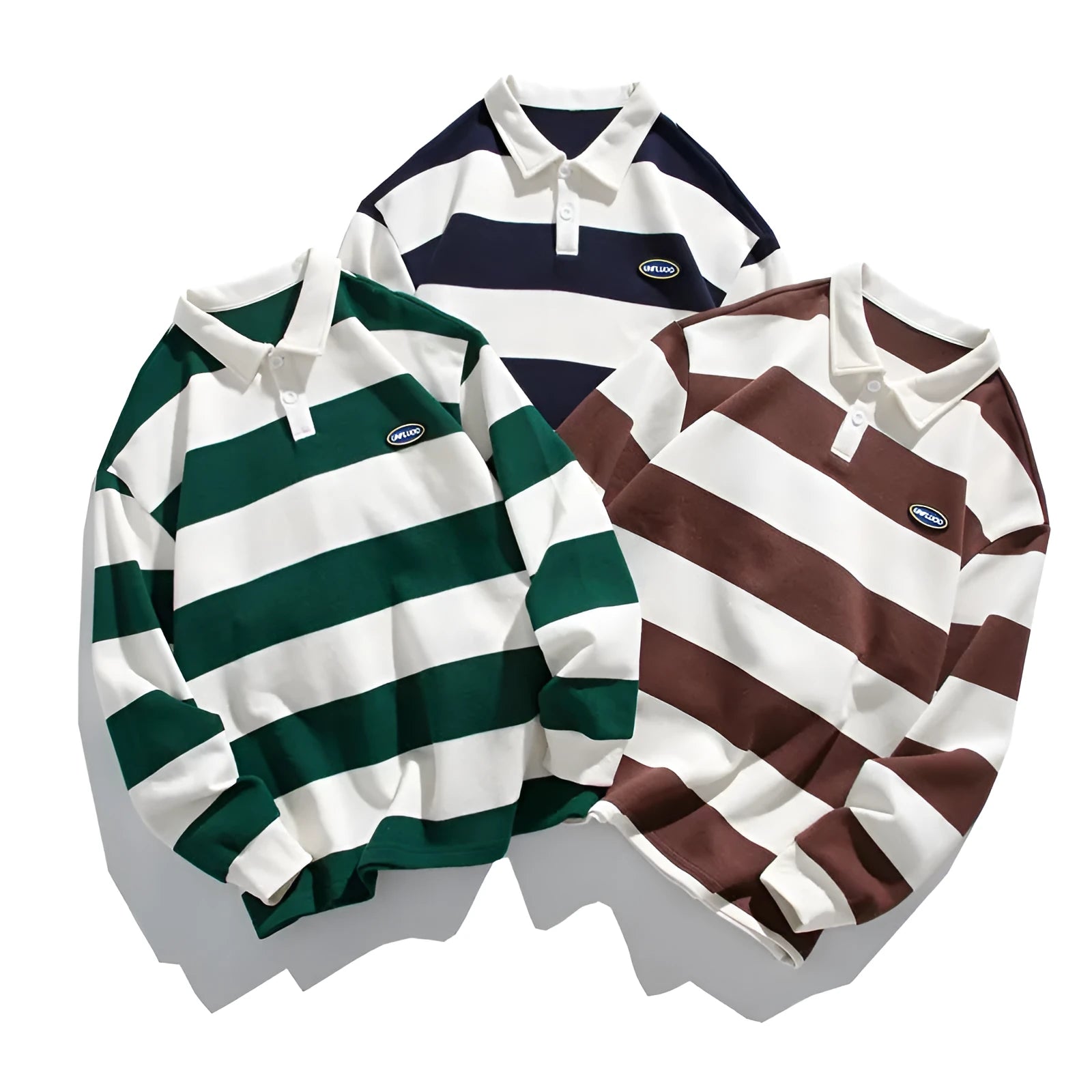 Pearl cotton polo shirt with lapel sweater styling and striped pattern in loose fit long sleeve design