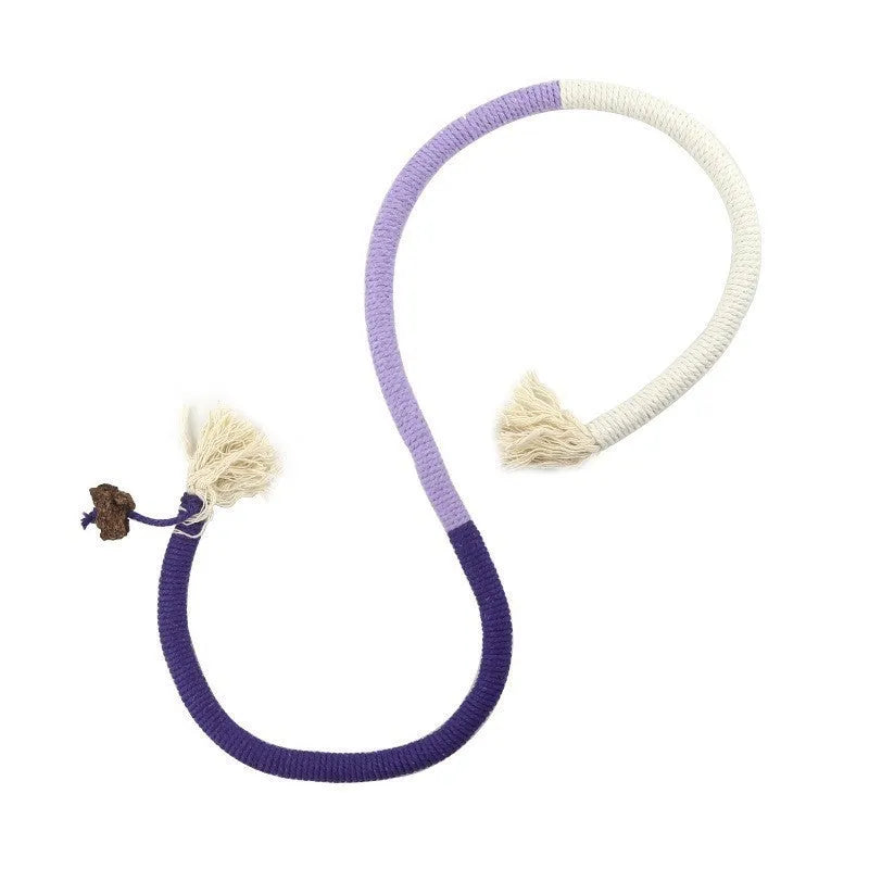 70cm long cat bite rope toy in colours purple, orange, and red with green, made of cotton string.