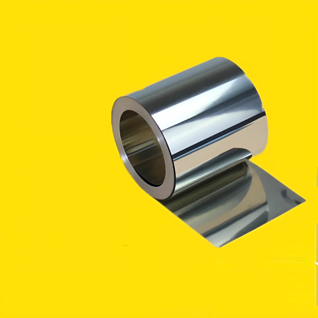 304 stainless steel metal shim strip on a workshop bench with a ruler showing its thin gauge.