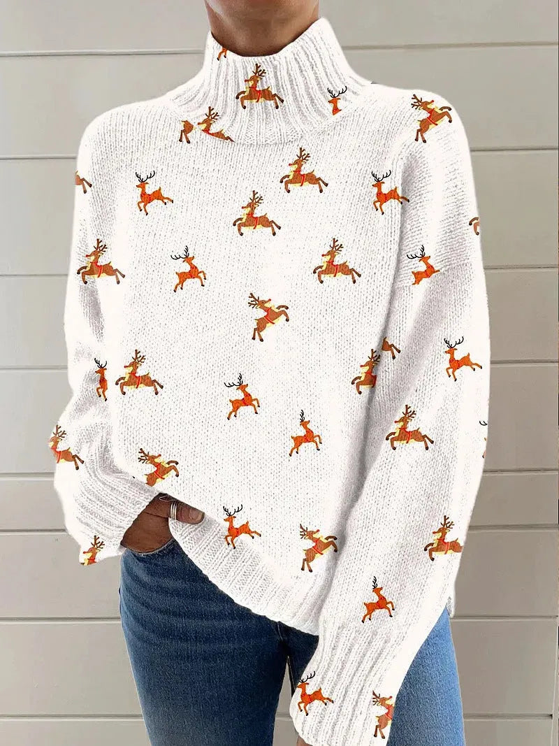 Women's Christmas printed turtleneck sweater with painting pattern in macaron colour