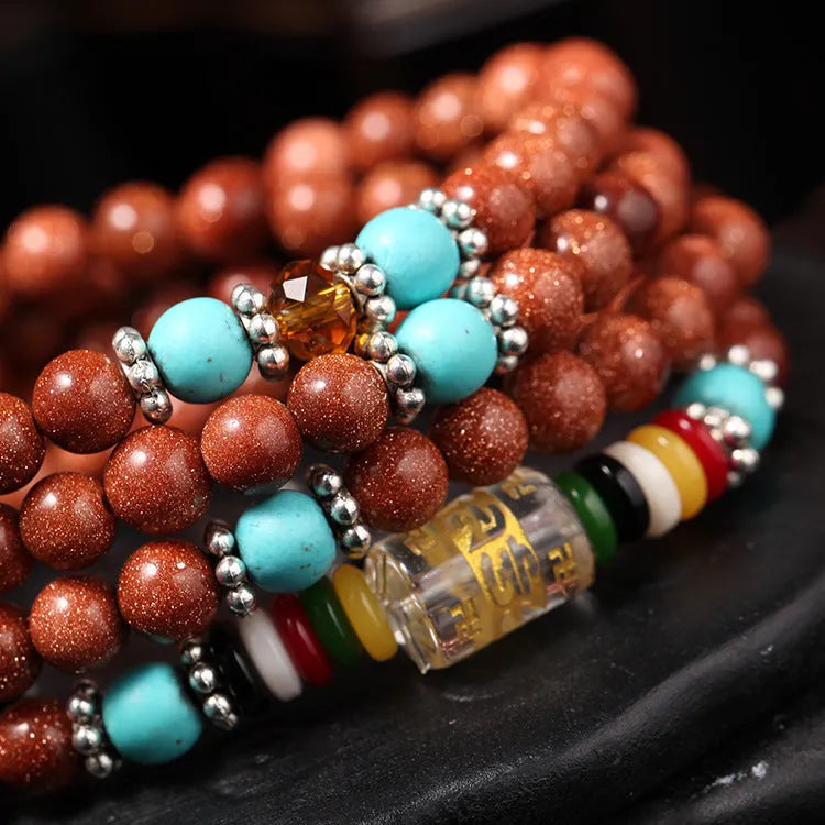 Golden star stone nugget sand mantra bracelet with fu character element