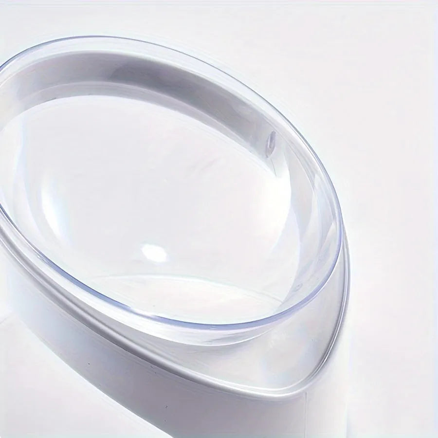 Clear plastic elevated cat food bowl with tilted design for anti-vomit feeding