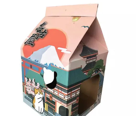 Foldable corrugated paper cat scratching board with Nagoya cat design, shown as a pet toy.