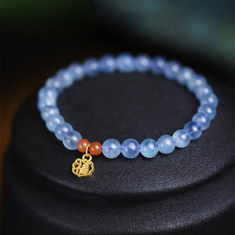 Ice translucent aquamarine crystal bracelet with blessing card and 8mm beads