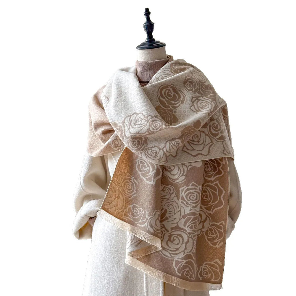 Long grey imitation cashmere winter scarf with tassels, shown draped