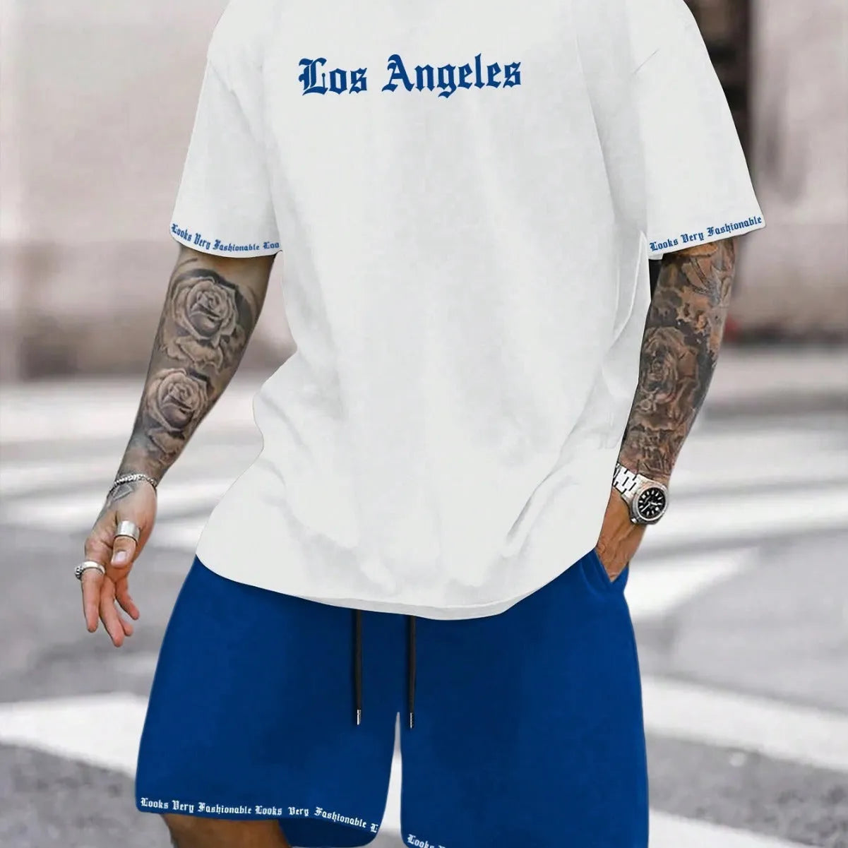 Men's sports style short-sleeved shirt and shorts set in polyester blend fabric