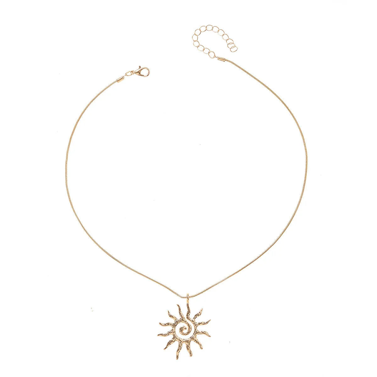 Gold sun hollow pendant necklace on regular chain with matching earrings and ring in zinc alloy electroplated finish