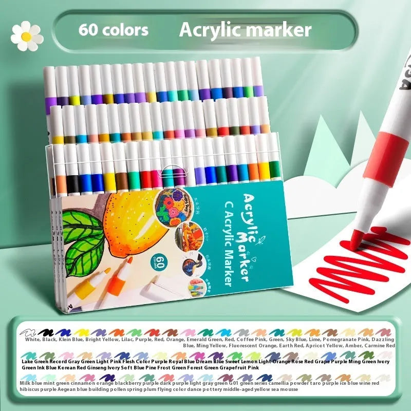 Set of acrylic marker pens with plastic barrels in multiple vibrant colours for student painting projects
