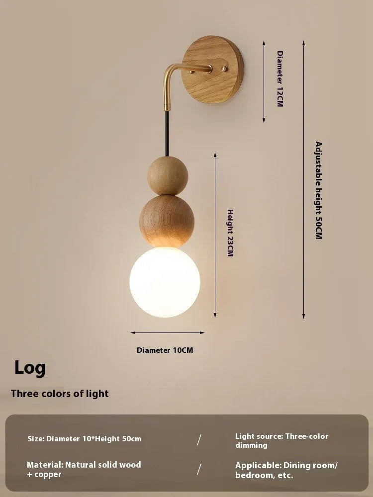 Wood copper wall lamp with circular 10cm diameter and tricolour lighting on suspension wire