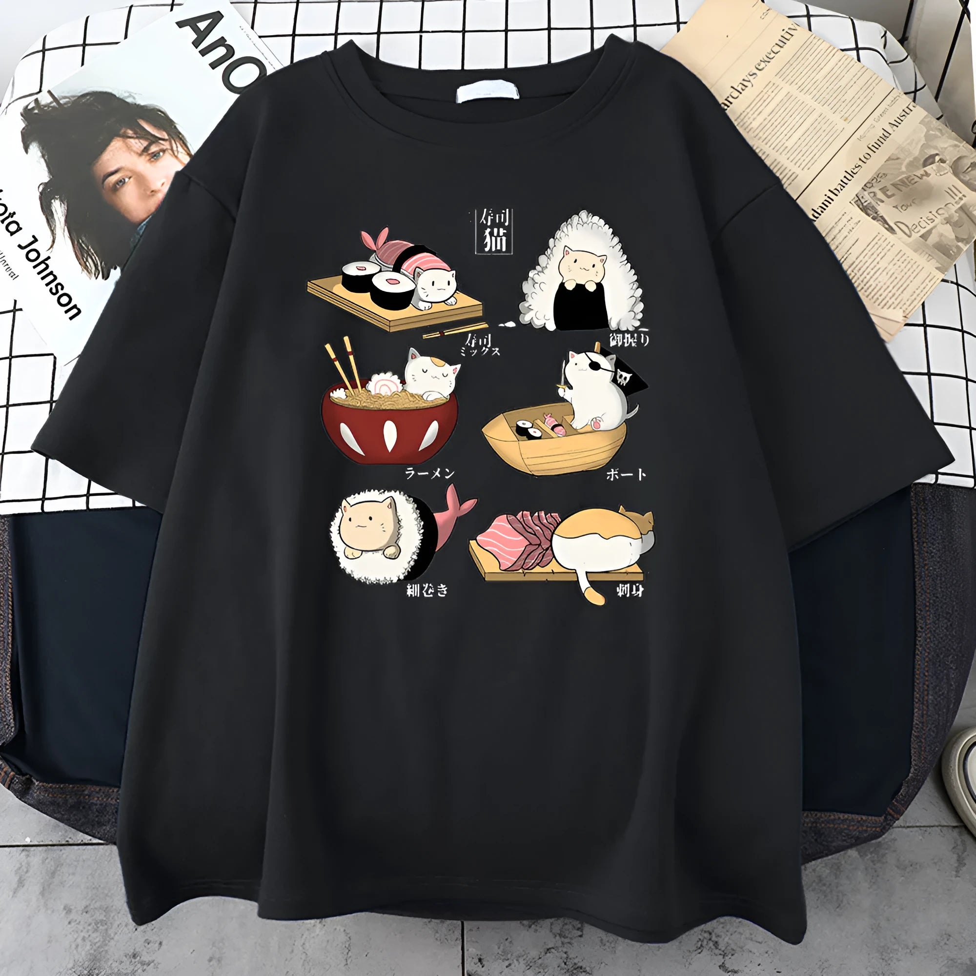 Men's loose fit cotton T-shirt with cat sushi cartoon print in multiple colour options