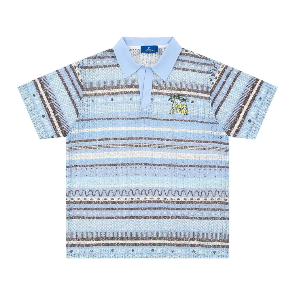 Blue or yellow printed men's short sleeve shirt with elastic band construction