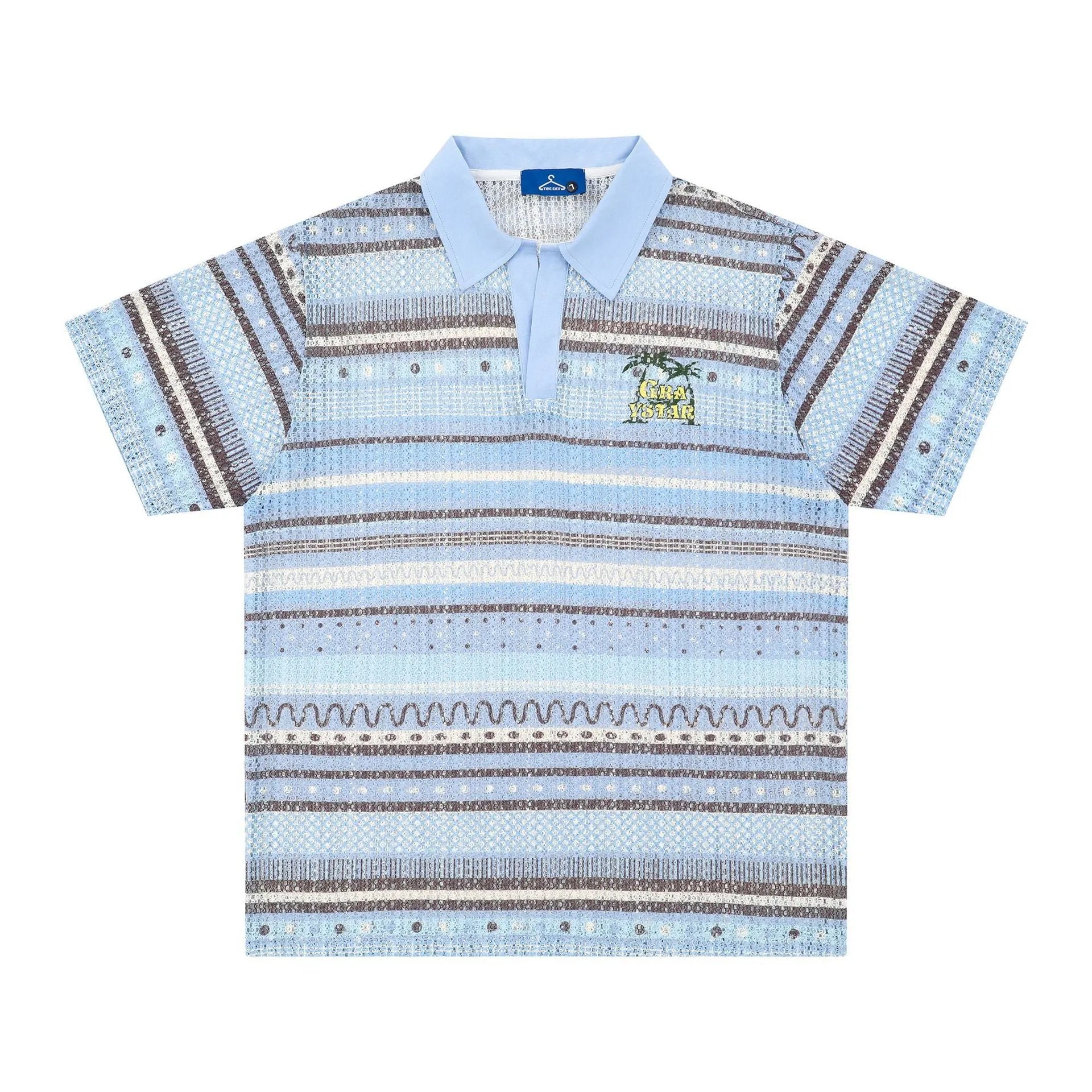 Blue or yellow printed men's short sleeve shirt with elastic band construction