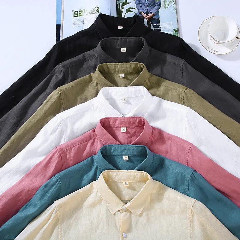 Men's linen shirt in solid colour with cardigan styling and long sleeves