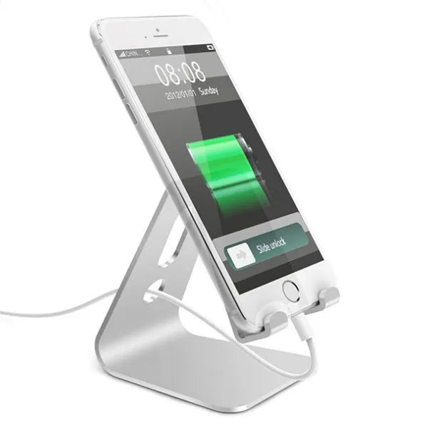 Aluminium alloy universal phone and tablet stand in black, red, rose gold, and silver colour options.