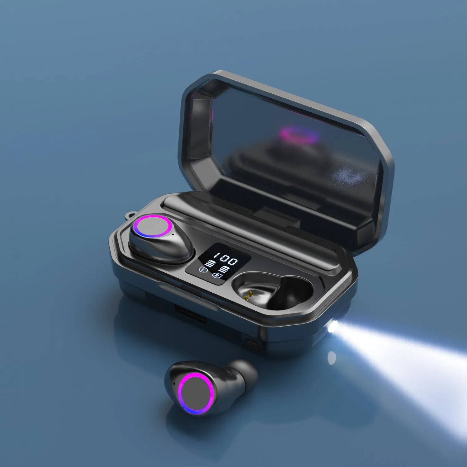 Wireless Bluetooth headset with LED power display showing battery level in charging case