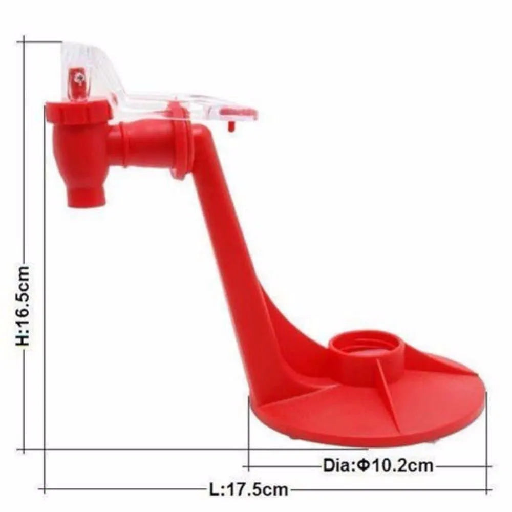 Red plastic Magic Tap soda dispenser attached to 2-litre bottle with push-button tap