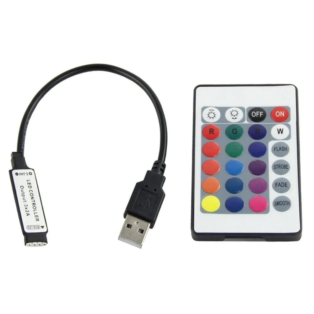 A flexible one-metre-long USB LED light strip showing multiple SMD5050 LEDs, coiled next to its USB plug.