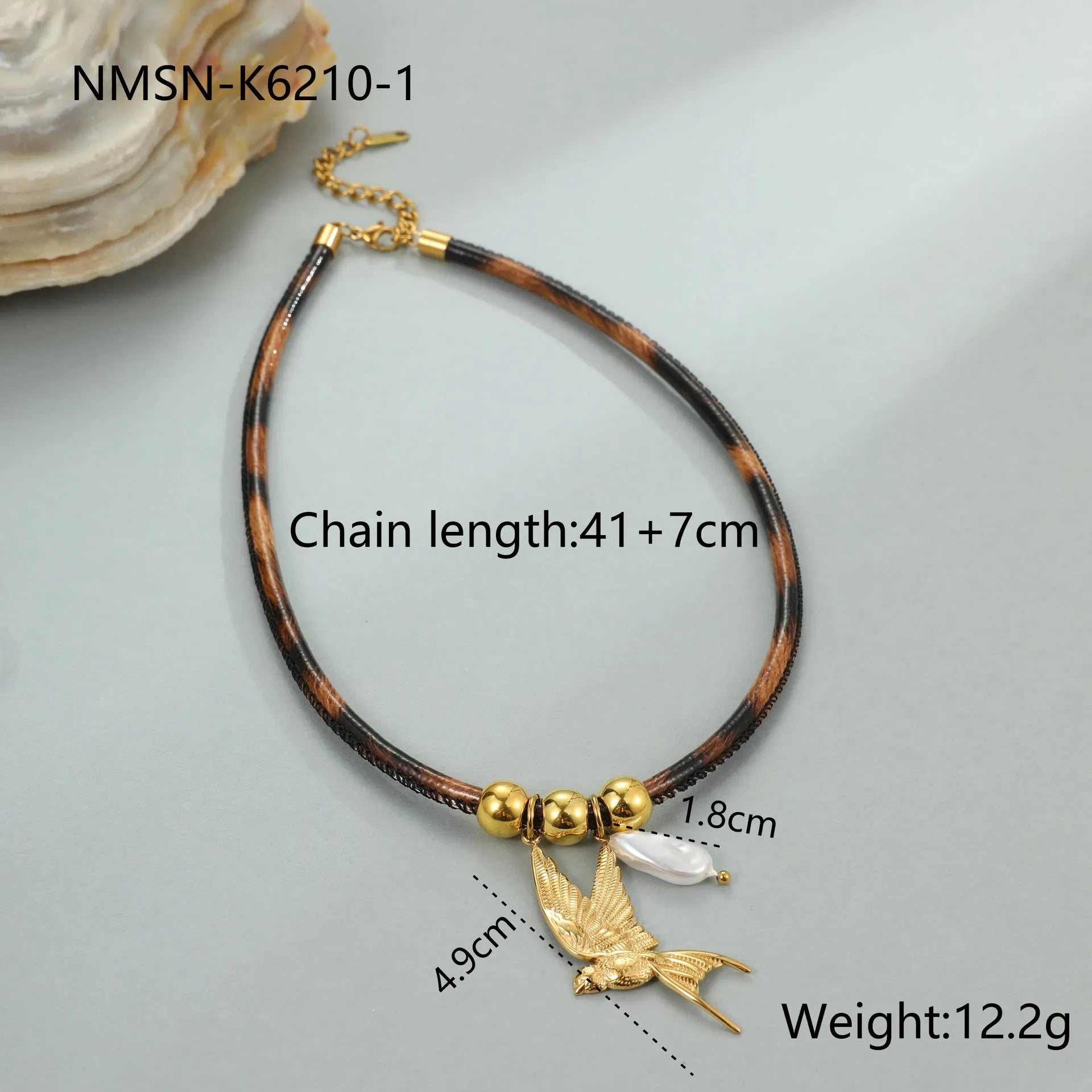 Leopard leather geometric pendant stainless steel necklace for women with adjustable chain