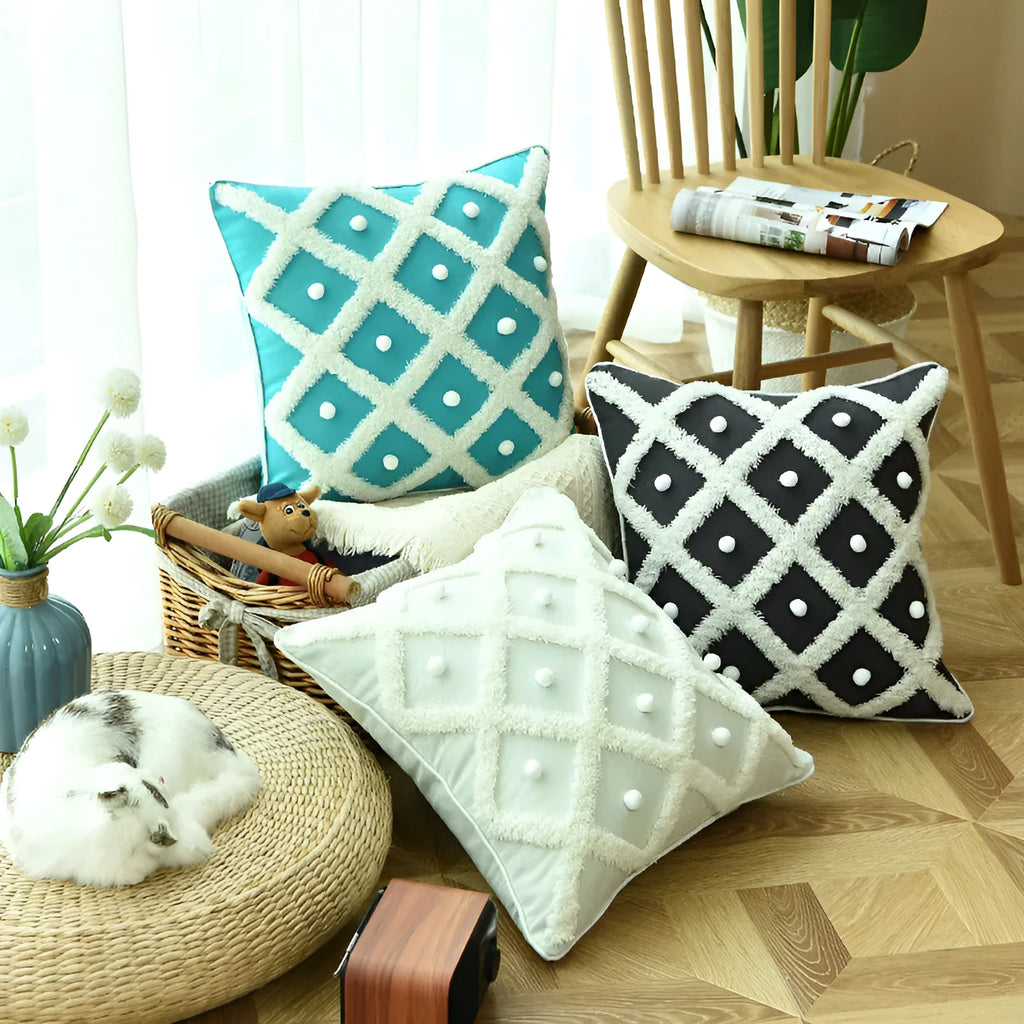 Tufted Moroccan ball cushion cover in cotton hemp blend black colour 45x45cm