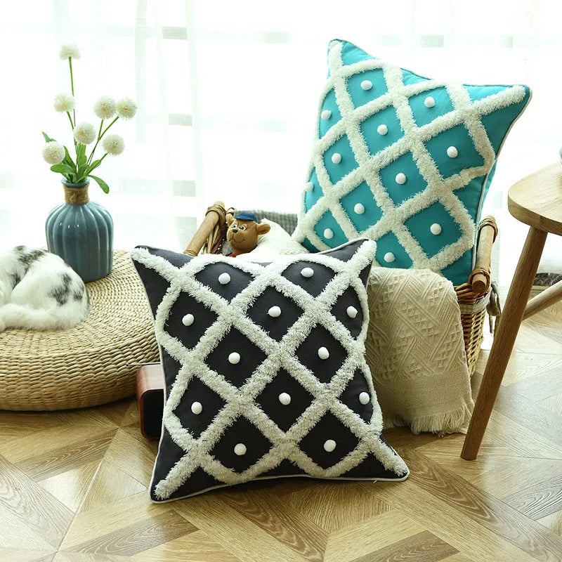 Tufted Moroccan ball cushion cover in cotton hemp blend black colour 45x45cm