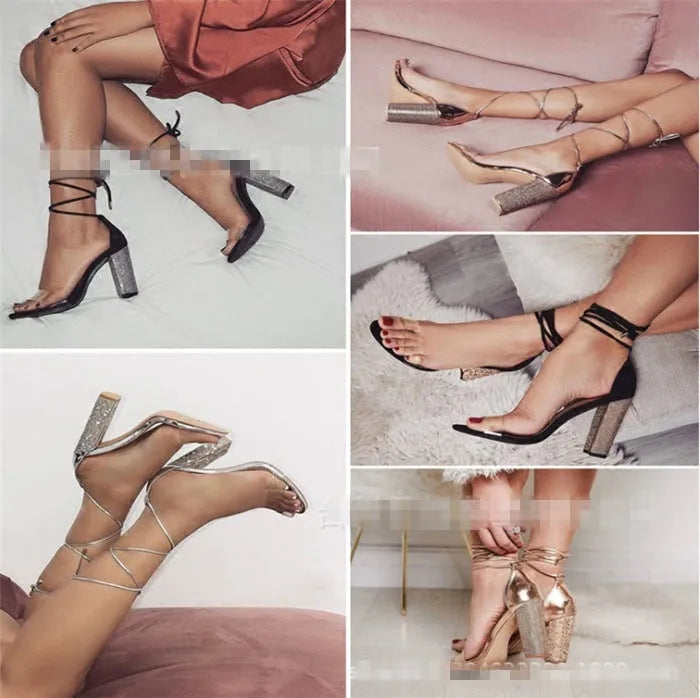 Black and gold plastic women's platform sandals with a pointed toe