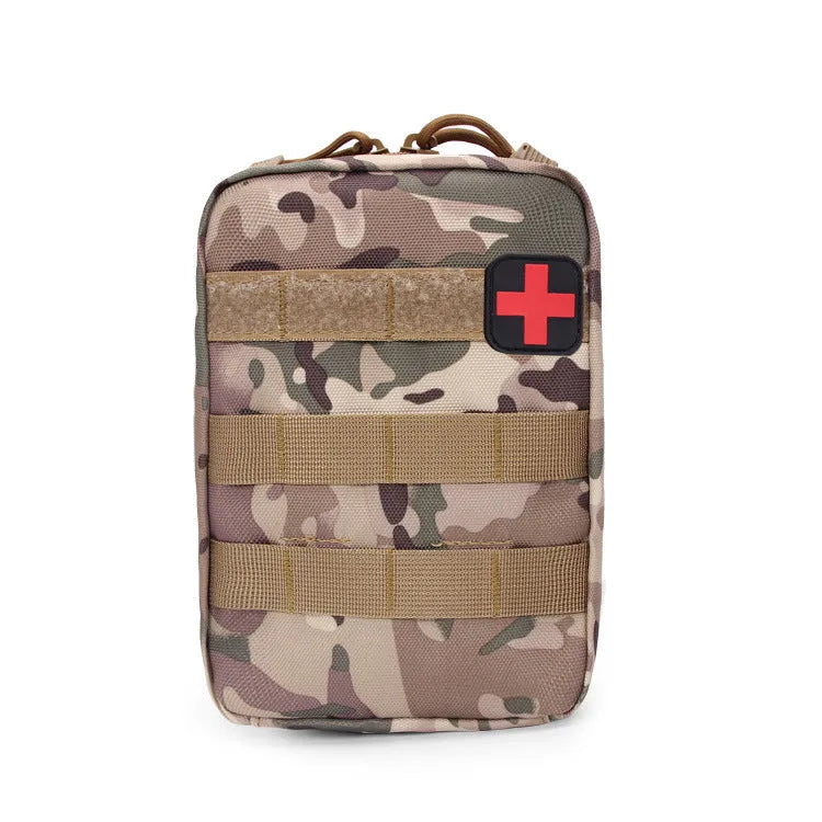 Army green nylon tactical medical pouch with Velcro panel attached to a vest.