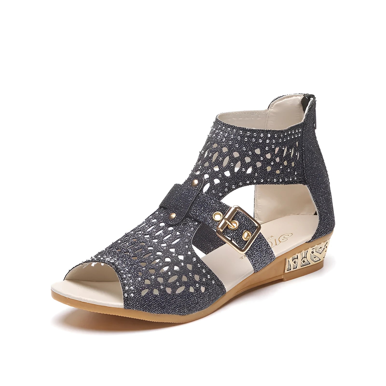 Women's beige rivet flat sandals with back zipper and fish mouth toe design