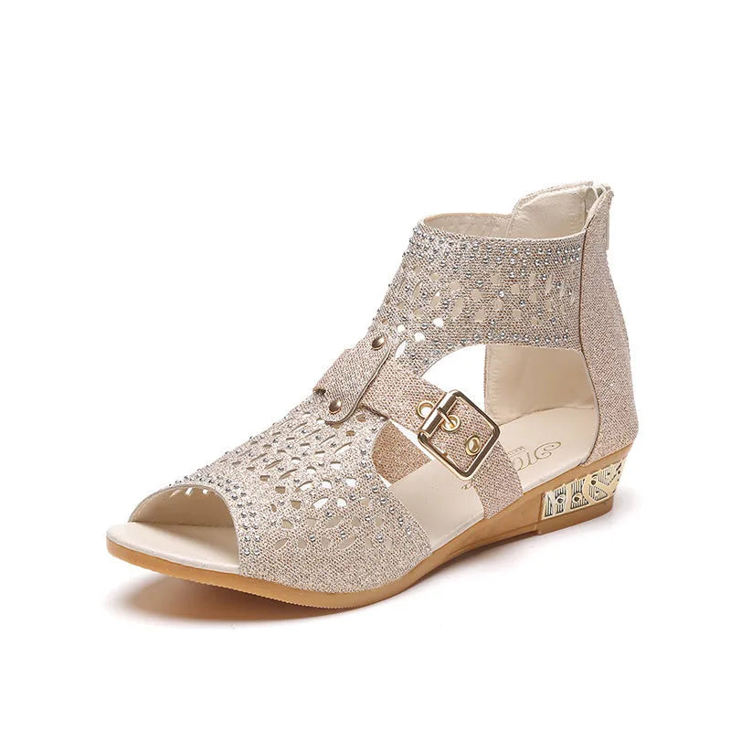 Women's beige rivet flat sandals with back zipper and fish mouth toe design