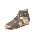 Women's beige rivet flat sandals with back zipper and fish mouth toe design